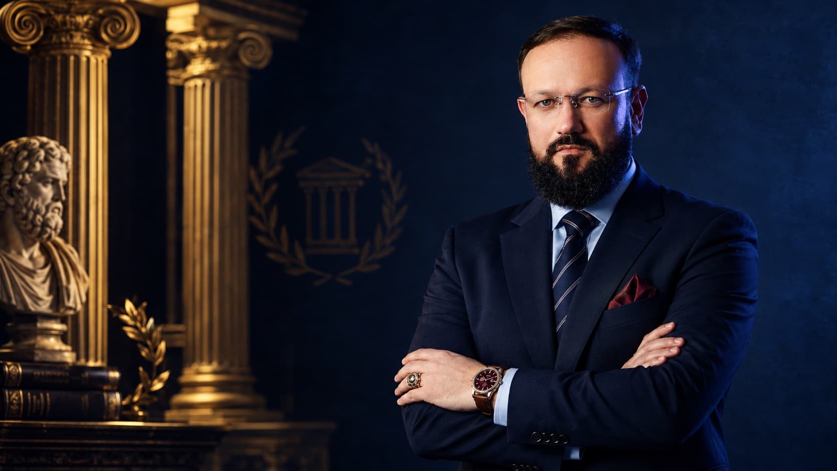 Erkin Salixov — toʻq kostyumda, qoʻllarini chalishtirib turibdi; orqa fonda oltin ustunlar