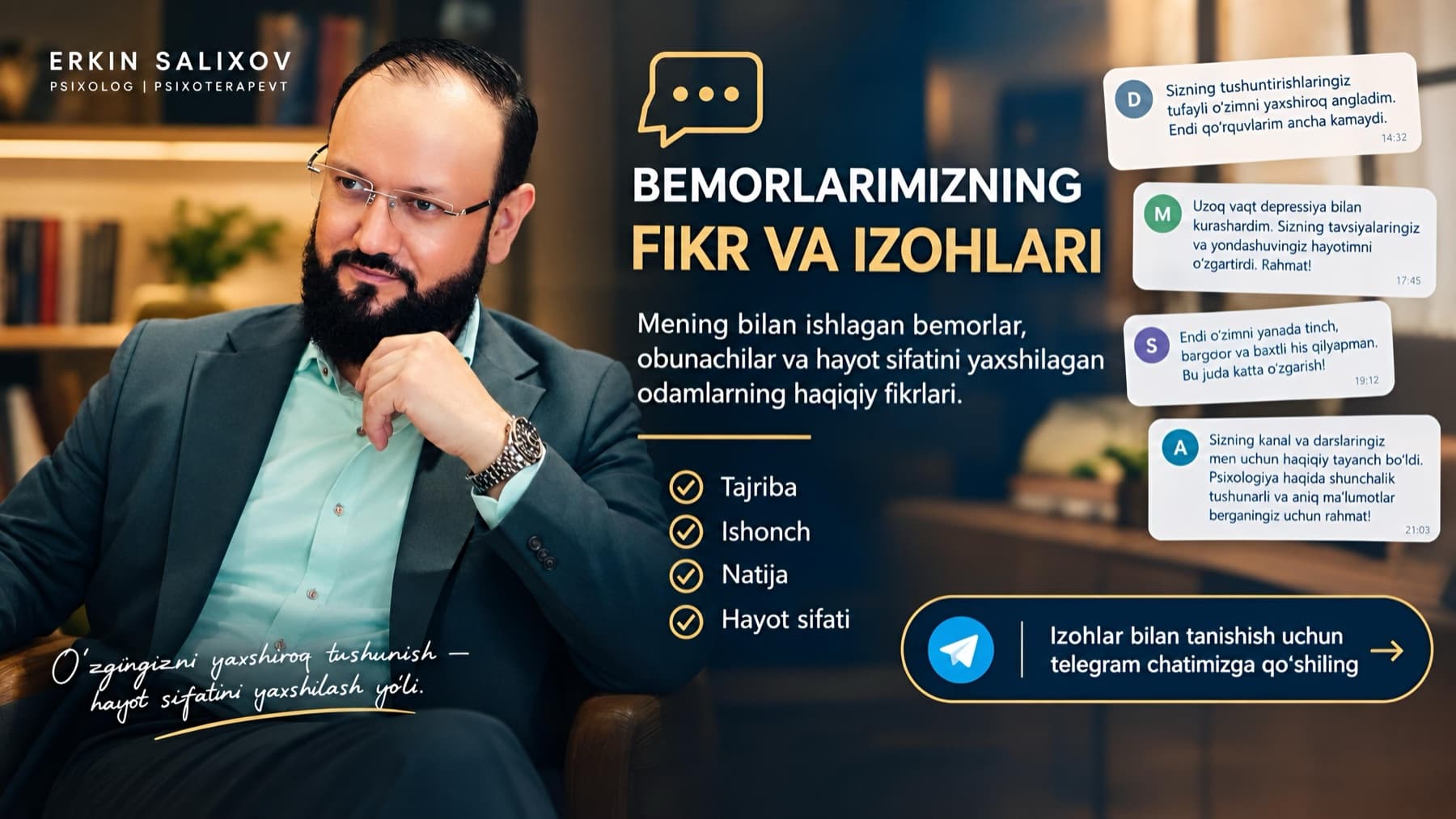 Bemorlarimizning fikr va izohlari — mijozlar yozgan xabarlar va Telegram chatga taklif